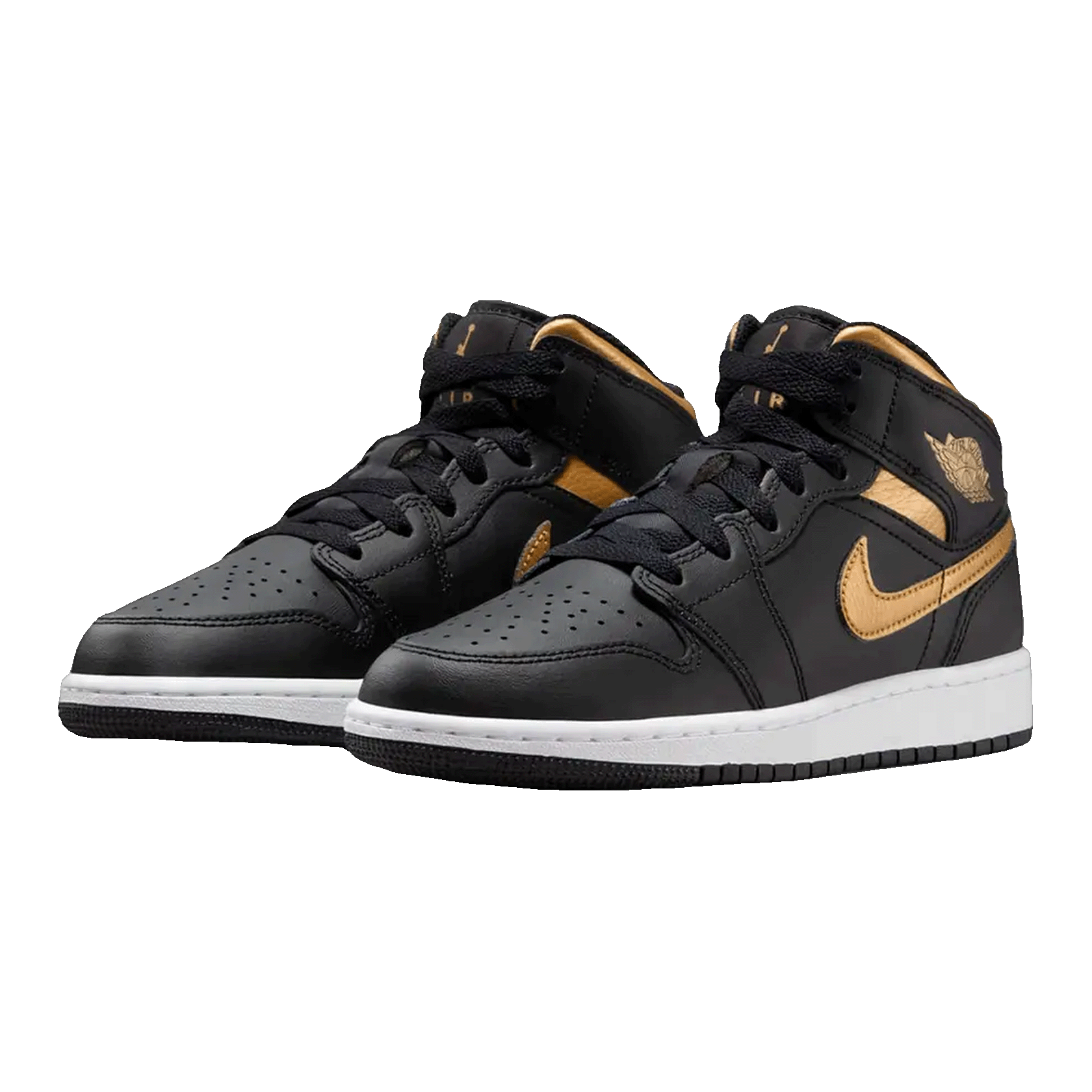 Nike Air Jordan 1 Mid Black Metallic Gold Swoosh (GS) Side
