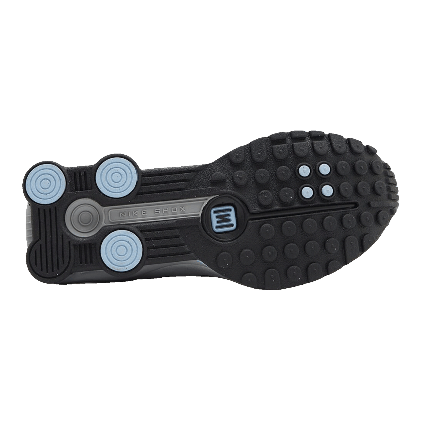 Nike Shox R4 Metallic Silver Black Psychic Blue Sohle