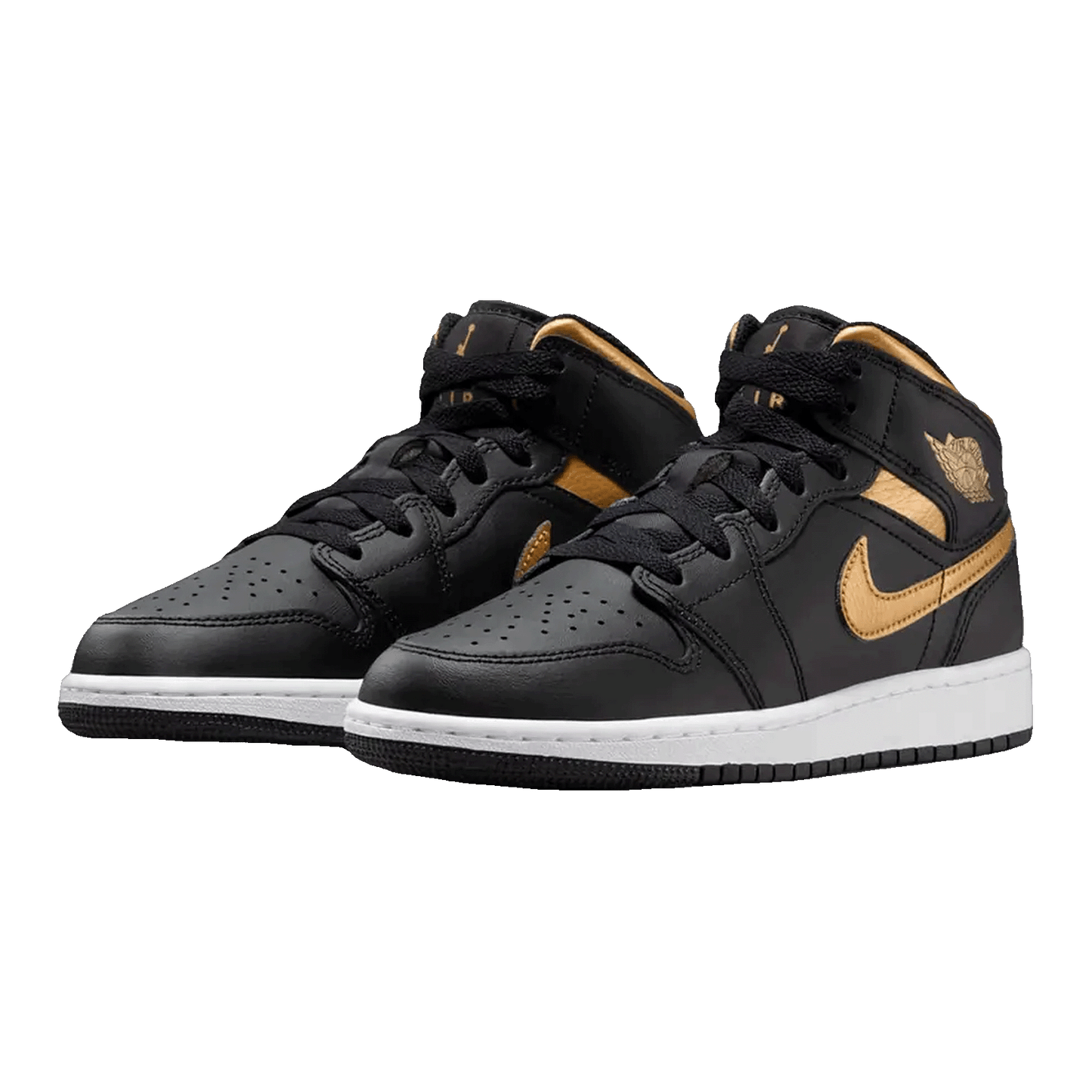 Nike Air Jordan 1 Mid Black Metallic Gold Swoosh (GS) Side