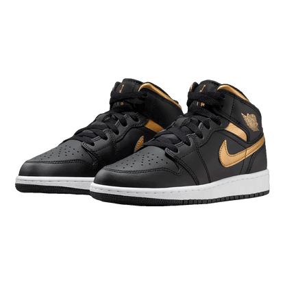 Nike Air Jordan 1 Mid Black Metallic Gold Swoosh (GS) Side