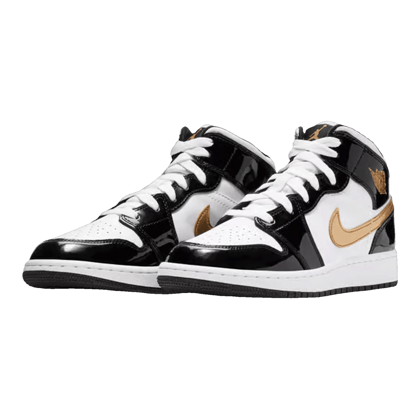 Nike Air Jordan 1 Mid Patent Black White Gold (GS) Side