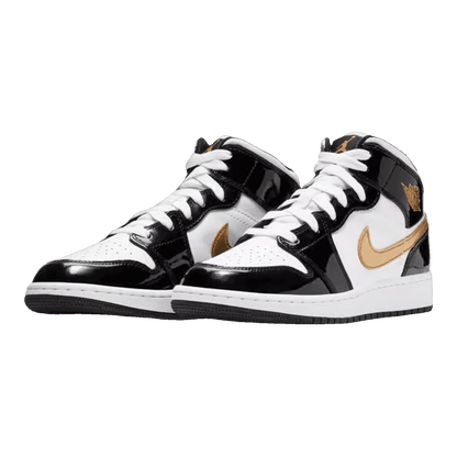 Nike Air Jordan 1 Mid Patent Black White Gold (GS) Side