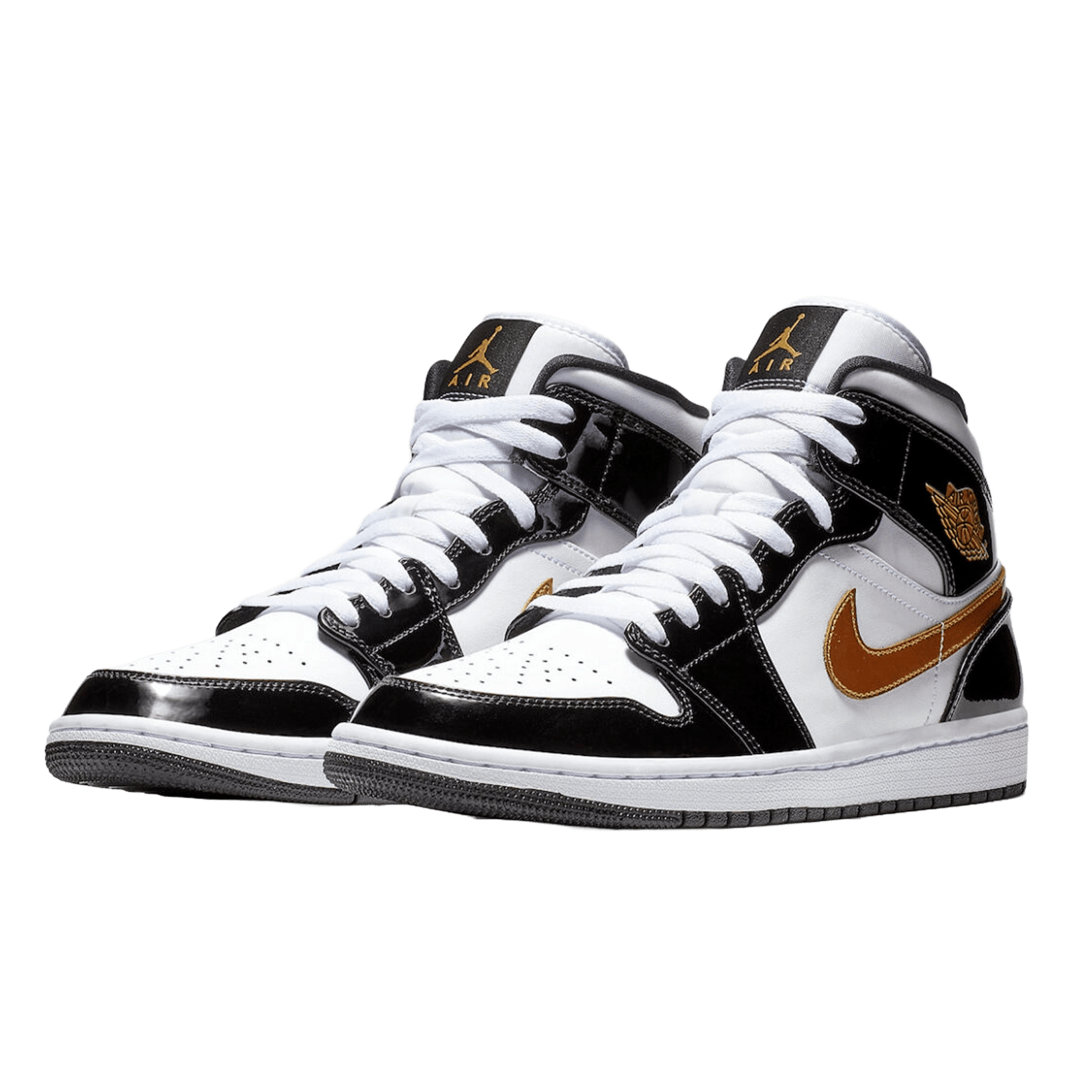 Nike Air Jordan 1 Mid Patent Black White Gold Side