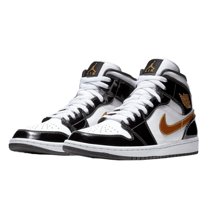 Nike Air Jordan 1 Mid Patent Black White Gold Side