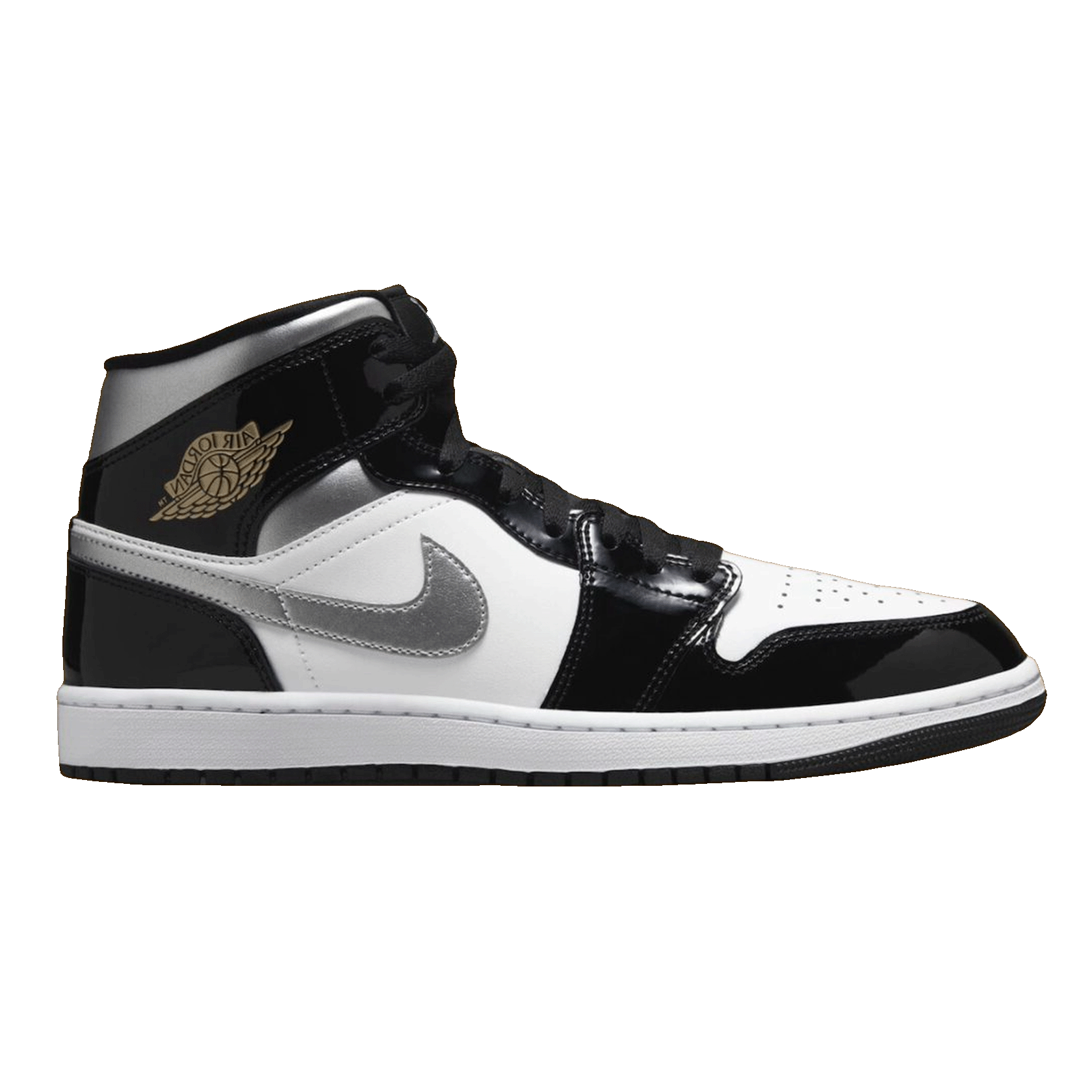 Nike Air Jordan 1 Mid SE Patent Black White Metallic Silver Metallic Gold
