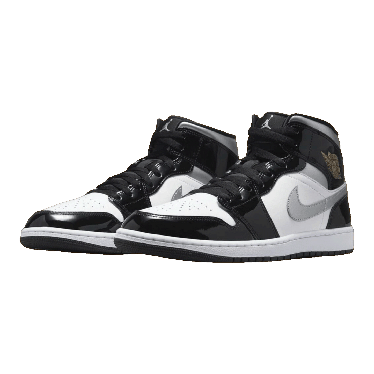 Nike Air Jordan 1 Mid SE Patent Black White Metallic Silver Metallic Gold Side