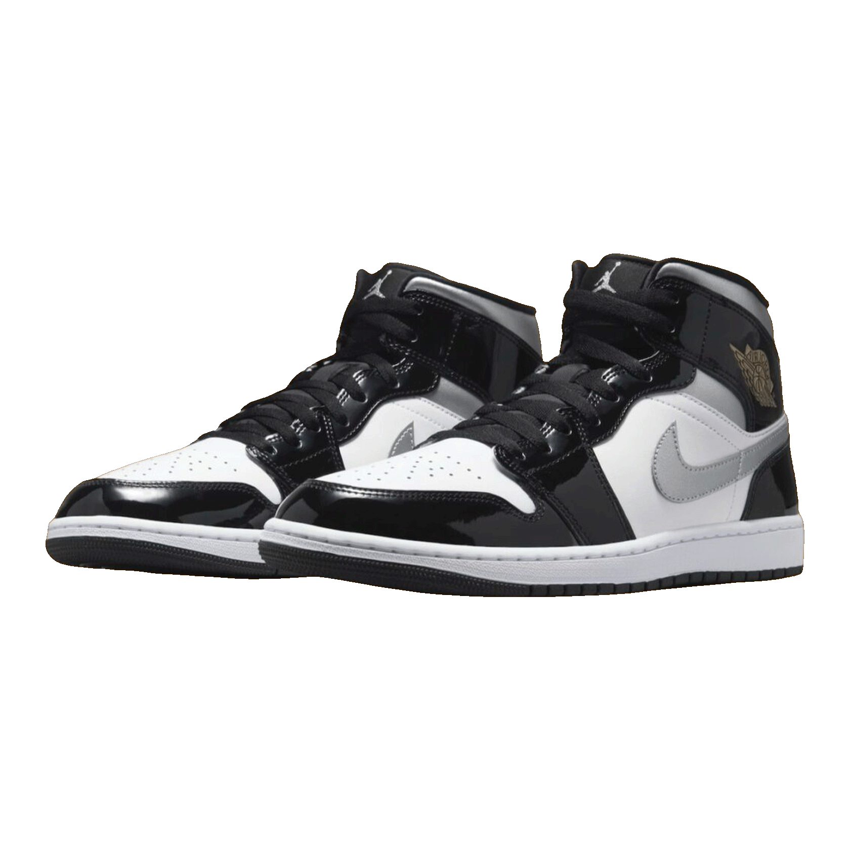 Nike Air Jordan 1 Mid SE Patent Black White Metallic Silver Metallic Gold Side